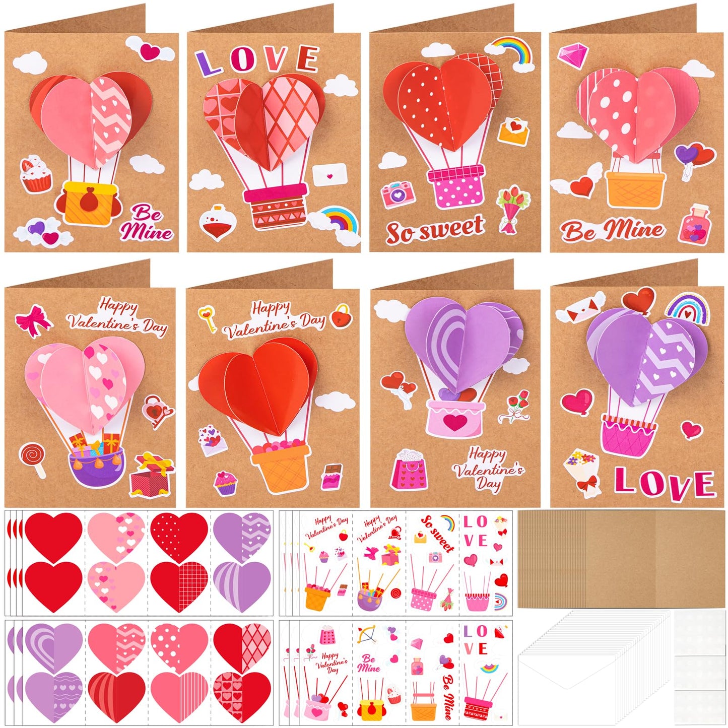 80UncleKimby 28Sets Valentines Day Crafts Card Making Kit DIY 3D Heart Cards with Envelopes Conversation Hearts Arts Craft Classroom Exchange Party Favors Bulk Supplies