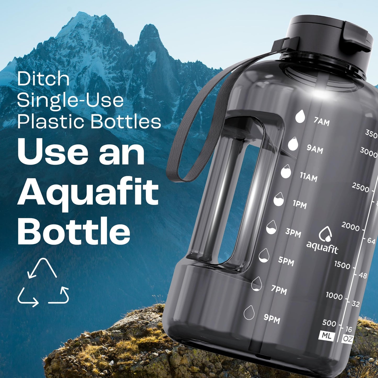 AQUAFIT 1 Gallon Water Bottle with Time Marker - Straw & Chug Lid - BPA Free Gym Water Bottle with Straw - Big Gallon Jug (Gray, 128 oz - 2 Lids)