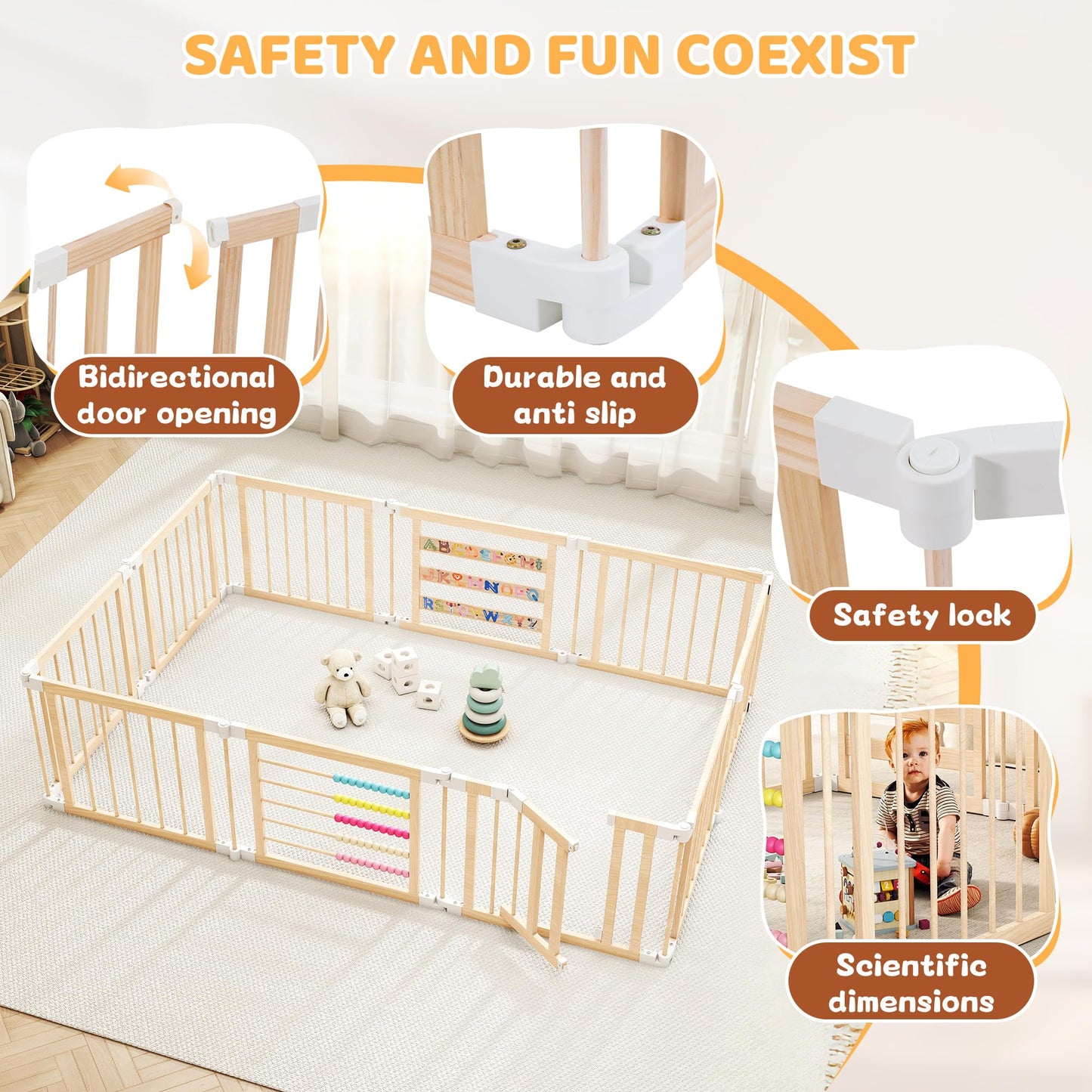 COCO DESIGN Baby Wooden Playpen, 10 Panel Foldable Play Yard with Door Panel and Built-in Toys, Adjustable Size & Shape Portable Play Yard for Babies and Toddlers (10 Panels)