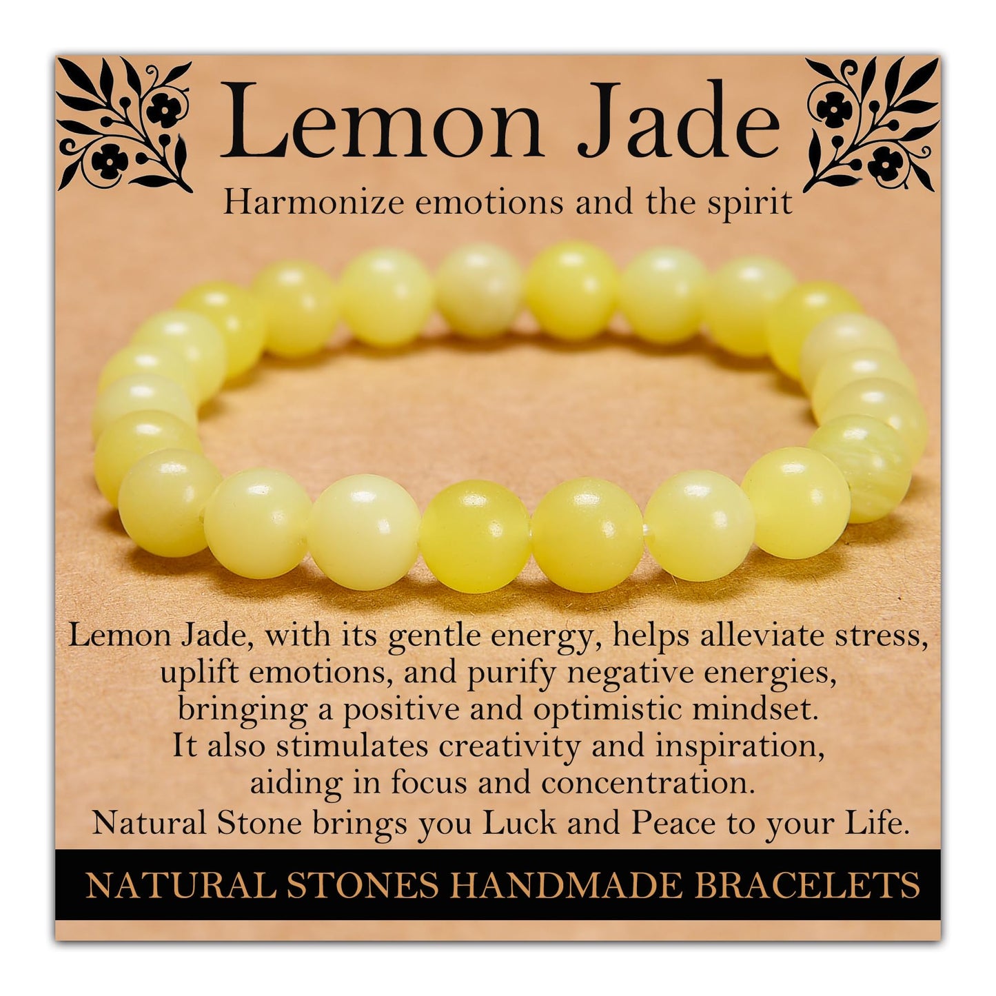 Handmade Natural Gemstone Elastic Bracelet - Healing Crystal Beads Jewelry, Unisex (Lemon Jade, 8mm)