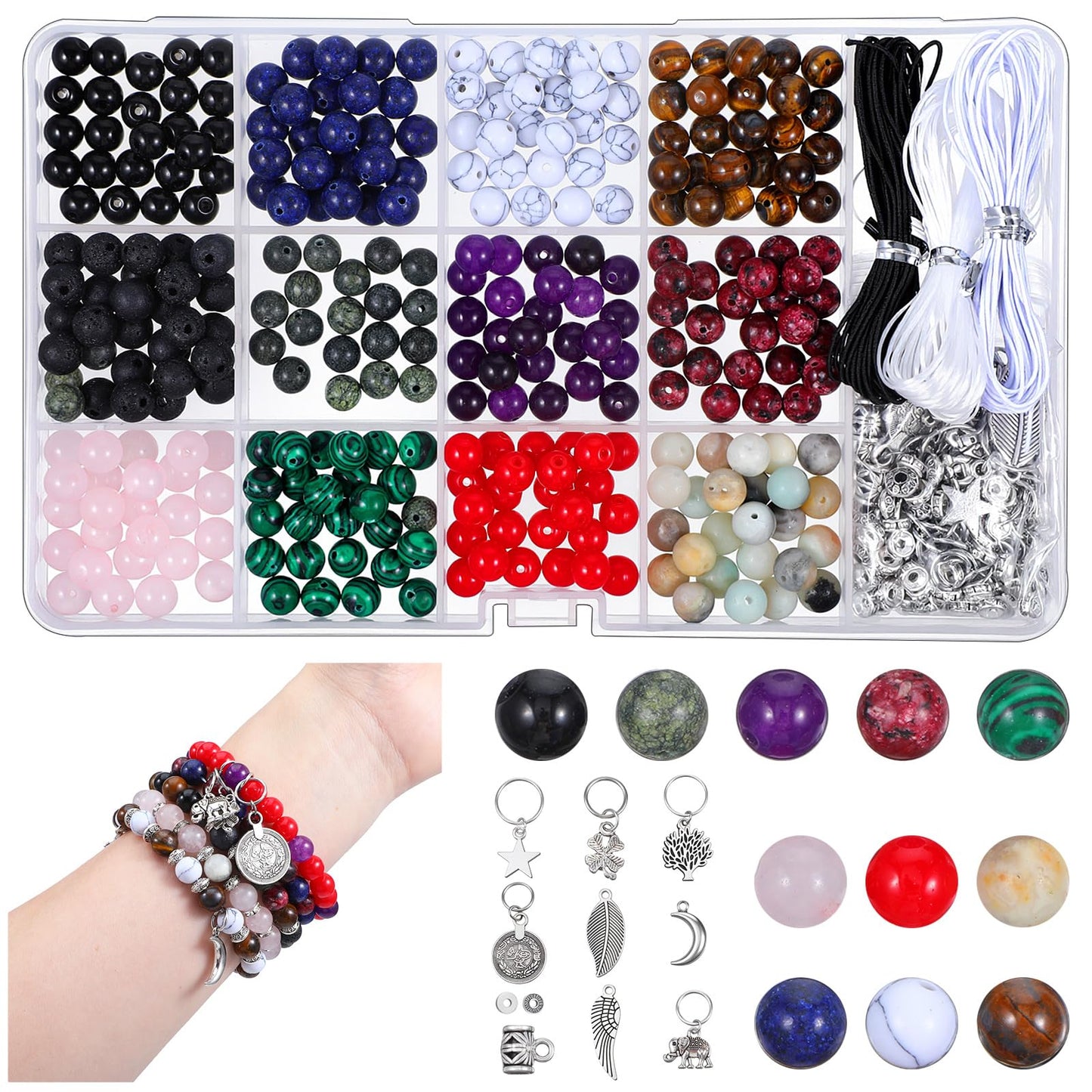 Ckhoid 473PCS Natural Stone Beads, 6mm Round Crystals Bead Bulk, Charm Bracelet DIY Making Kit, Gemstone Beads Jewelry Making Supplies for Friendship Couples Lovers Bracelets