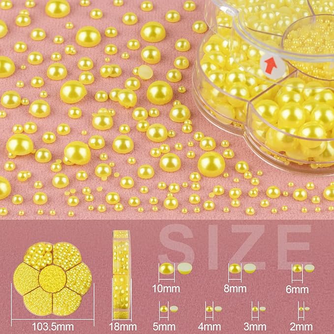 Nail Art Flat Back Half Round Pearl Kits 21, 1 Box of 6000 Pcs Flat-Back Lemon Yellow Pearl with Tweezer and Picker Pencil for Home DIY Nails Body Face Craft and Salon Use