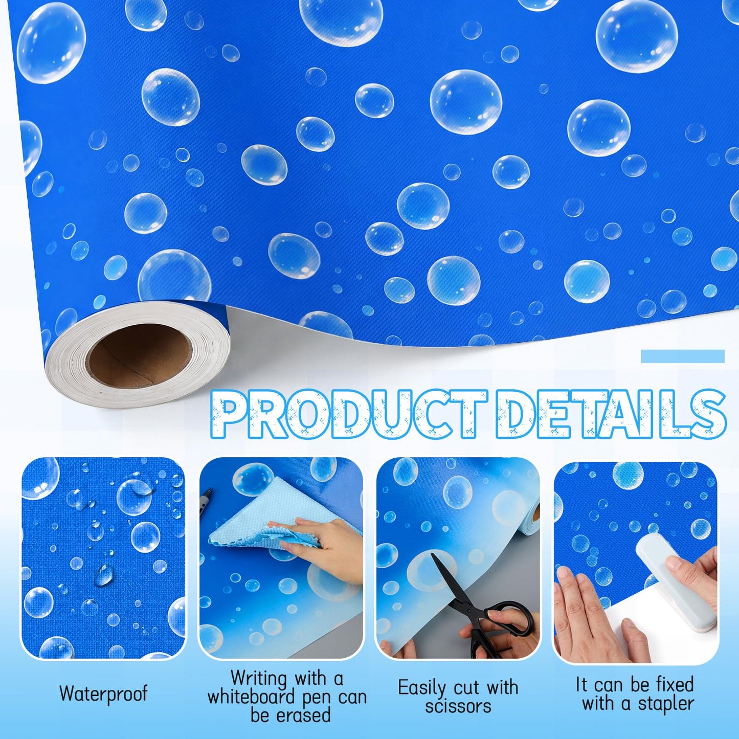 Hahafelt 1.3x39 ft Fabric Bulletin Board Roll Ocean Bubbles Bulletin Board Blue Non-Woven Reusable Waterproof Erasable Wrinkle Resistant Fabric Roll for Background Decor DIY Craft