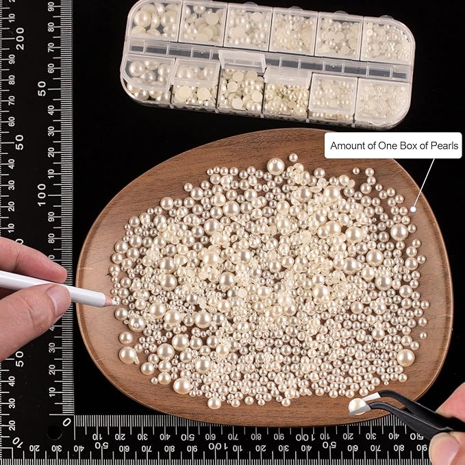 4000PCS Flatback Rhinestones and Half Round Pearls Kit #11, Multi Size Glass Clear & AB Crystals, Plastic Flat Back Beige Dome Bead with Pickup Pencil and Tweezer for Nail Art