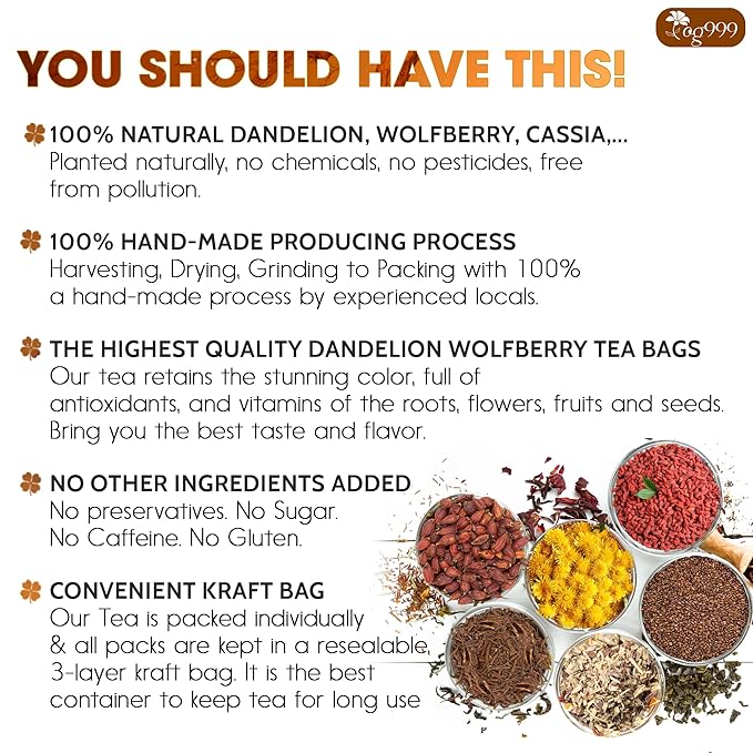 TOG999, Organic Dandelion Wolfberry Tea, 9 Herbal Ingredients, Traditional Recipe Tea for Kidney & Liver, Natural Dandelion, Wolfberry, Gardenia, Cassia Seed, Chrysanthemum, Licorice, Orange Peel (30 Bags)