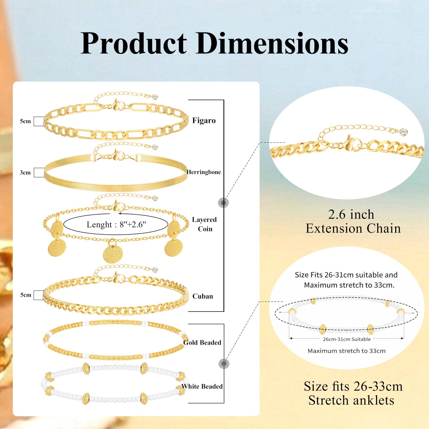 FAXHION Gold Ankle Bracelets for Women Waterproof, layered Coin Bead Cuban Link Chain Adjustable Anklets Set, Summer Boho Anklet Beach Jewelry Gift for Women