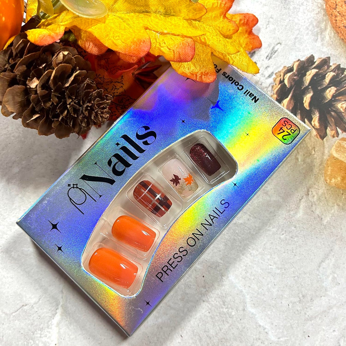 Fall Maple Leaf False Nail Medium Ballet Shaped Thanksgiving Press on Nails Gold Lines Glitter Sequins Design Autumn Stick on Nail Full Cover Artificial Fingernails Festival Glue on Nails for Women