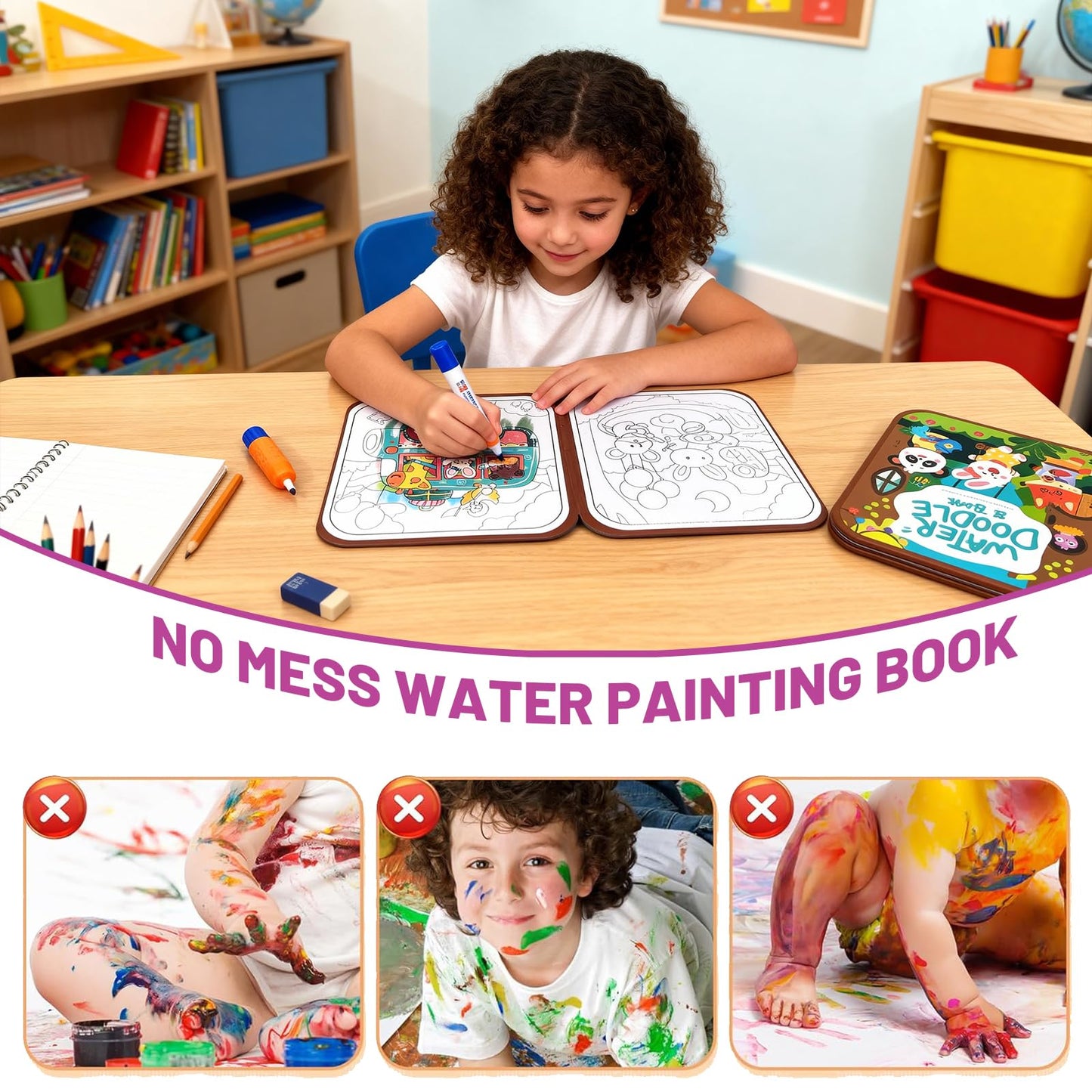 BlivEclat Water Coloring Book for Toddlers 1-3 - Mess Free Reusable Magic Reveal Montessori Painting Book with Water Pen - No Mess Paint with Water Activity for Kids Ages 2-4