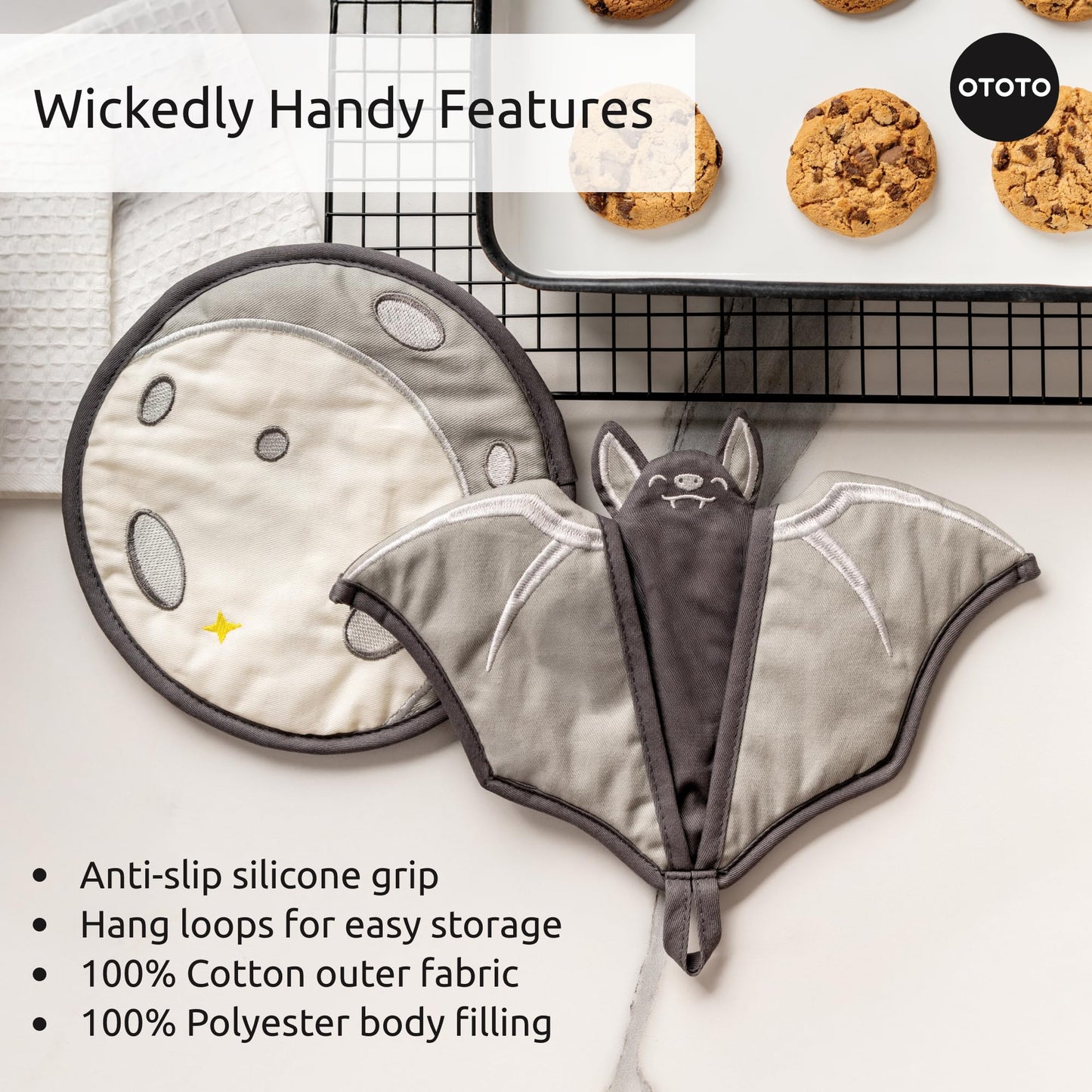 New - OTOTO Batlicious Oven Mitts and Pot Holders Sets - Heat Resistant Trivets for Hot Dishes, Cooking Goth Kitchen Decor, Cute Accessories, Pot Holders, Spooky Halloween Bat Moon Witchy Gifts