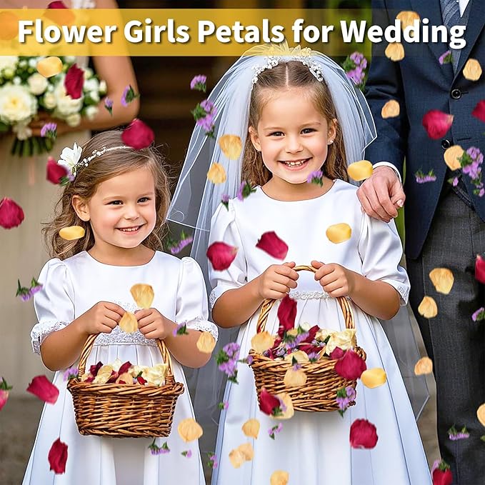 20+ Cups Real Dried Rose Petals Biodegradable Wedding Flower Confetti, 2 QT Mixed Yellow Red Roses Petals &Purple Statice for Flower Girl Wedding Bridal Proposal Bath