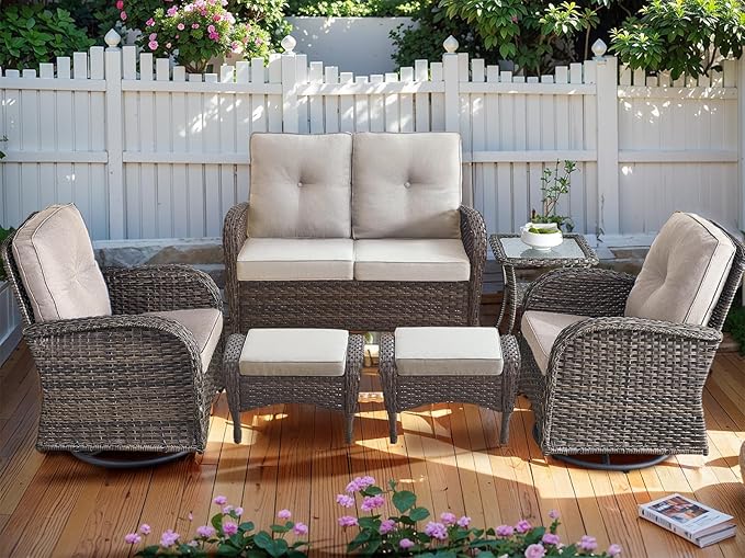 HUMMUH Patio Furniture 6-Piece PE Wicker Outdoor Conversation Set,All-Weather Rattan Swivel Chairs with Ottomans Glider Loveseat for Backyard,Poolside,Deck
