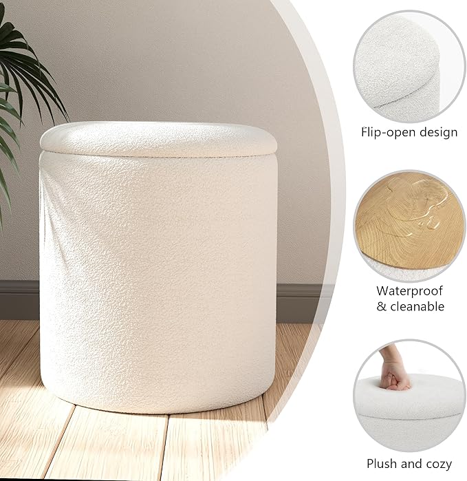 Ottoman Poufs with Storage,Soft Upholstered Vanity Stool,Multifunctional Ottomans Coffee Table Padded Seat Foot Rest for Living (White M)