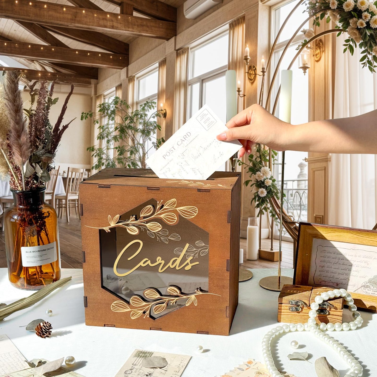 OurWarm Wooden Wedding Card Box with Slot, Rustic Card Box for Wedding Decorations for Reception, Money Gift Card Box with Acrylic Window for Wedding Birthday Anniversaries Graduation Party Decor