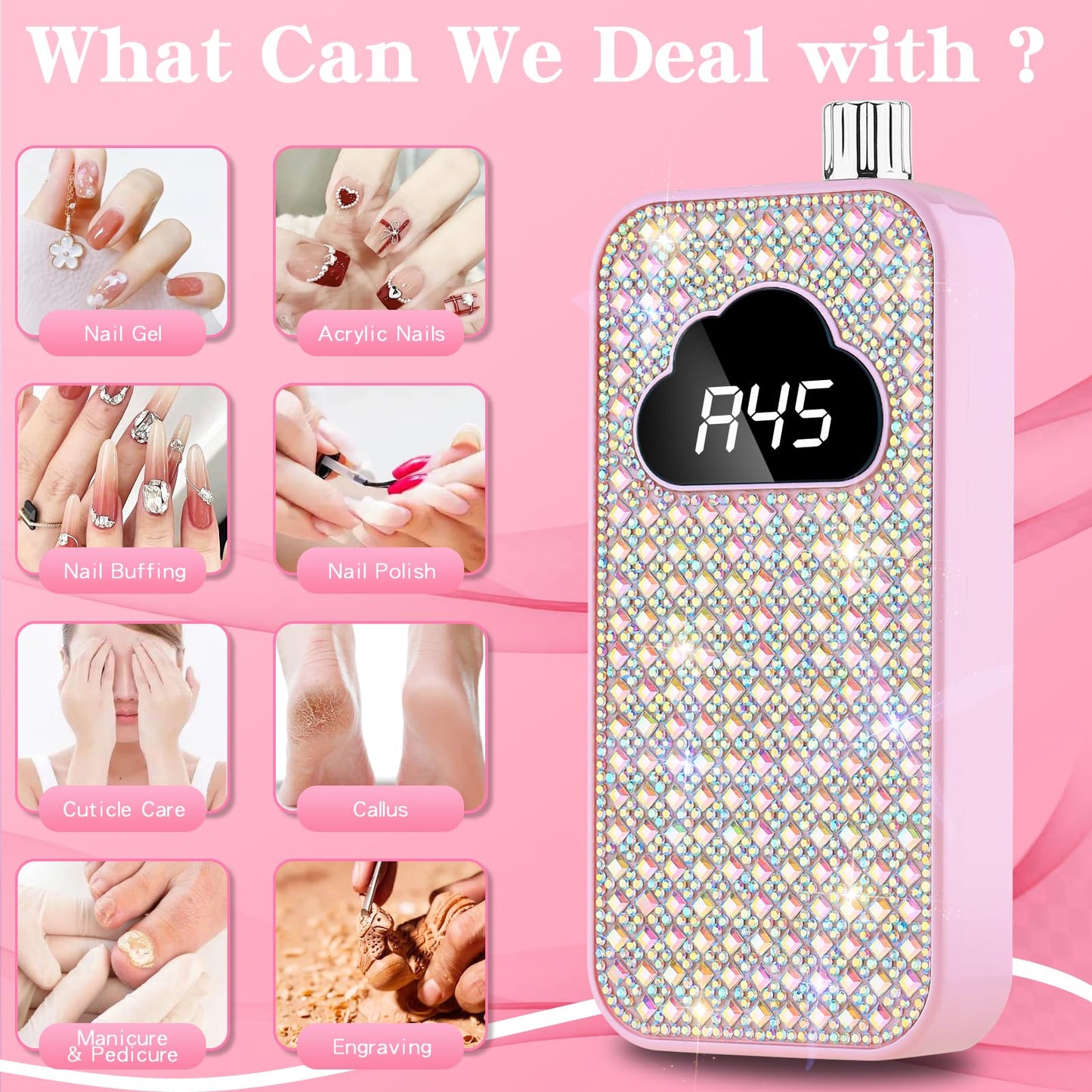 Professional Electric Nail Drill Machine, 45000RPM Nail File Acrylic Nail Kit with 6 Nail Drill Bits, Cordless E-File Nail Kits for Acrylic Nails Gel Polishing for Manicure Salon Home
