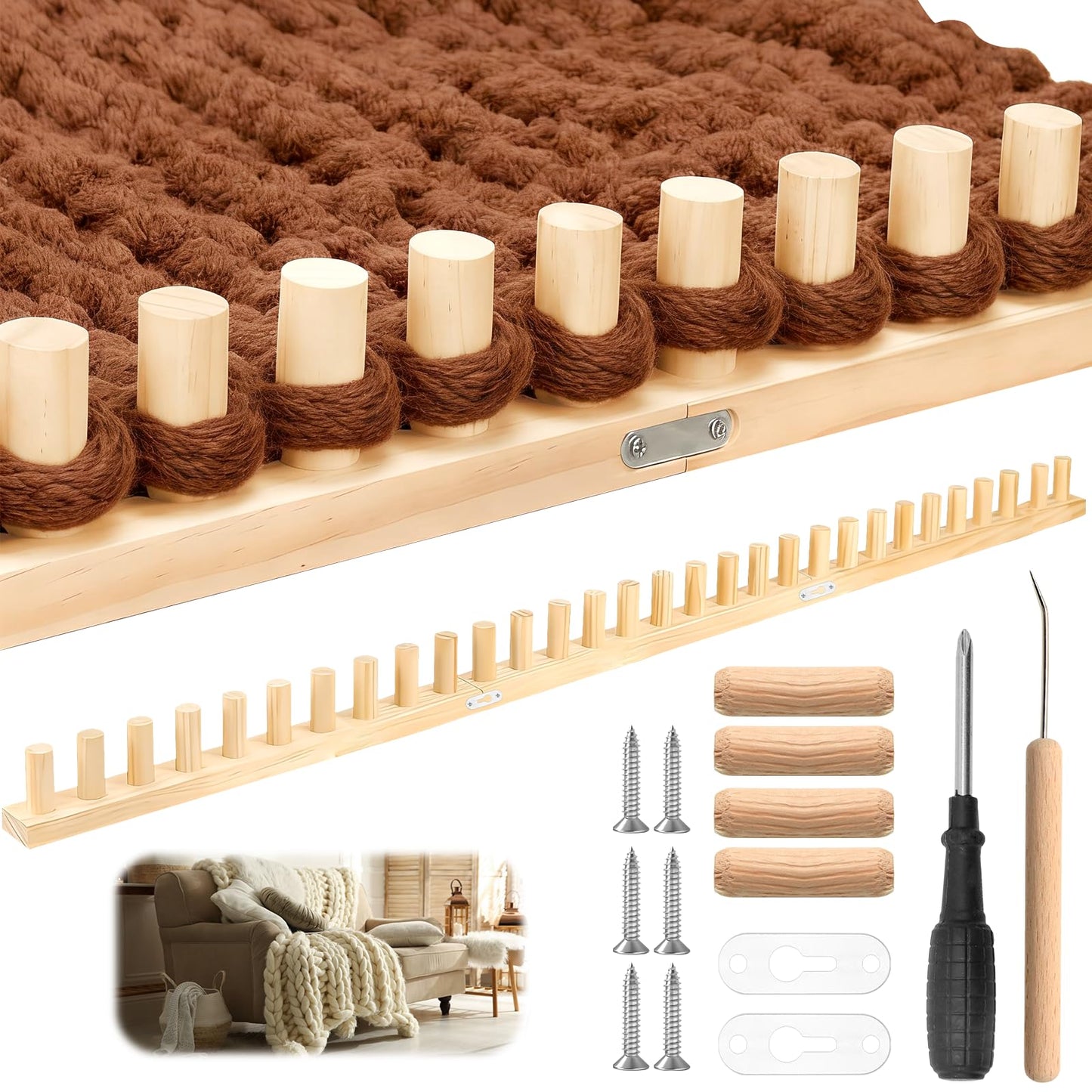 ZOCONE 46" Wooden Chunky Blanket Loom Includes Crochet Hooks, Adjustable Blanket Loom Knitting for Chunky Blanket Yarn, Hand Knitting Loom for Beginner, No Needles or Other Tools Required