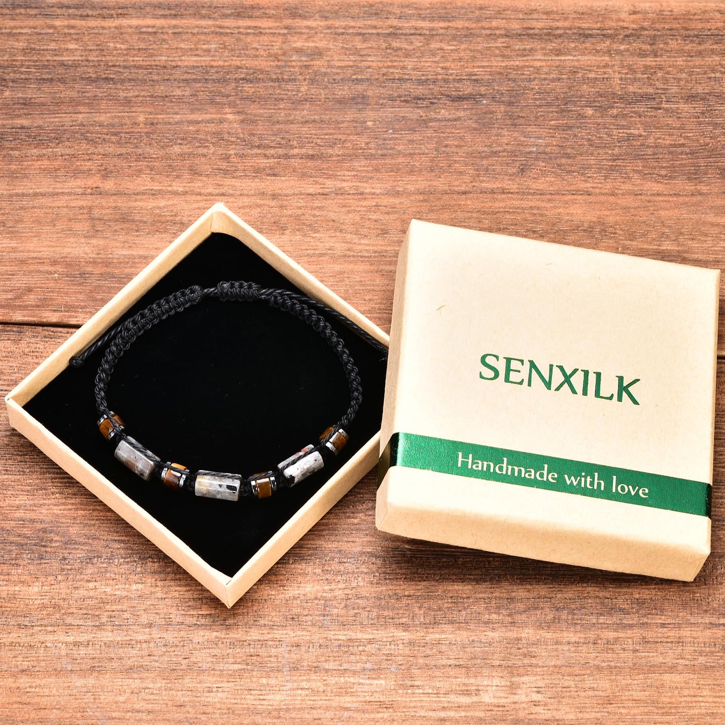 Senxilk Natural Yooperlite and Tiger Eye Stone Beaded Wrap Bracelet for Men, Black