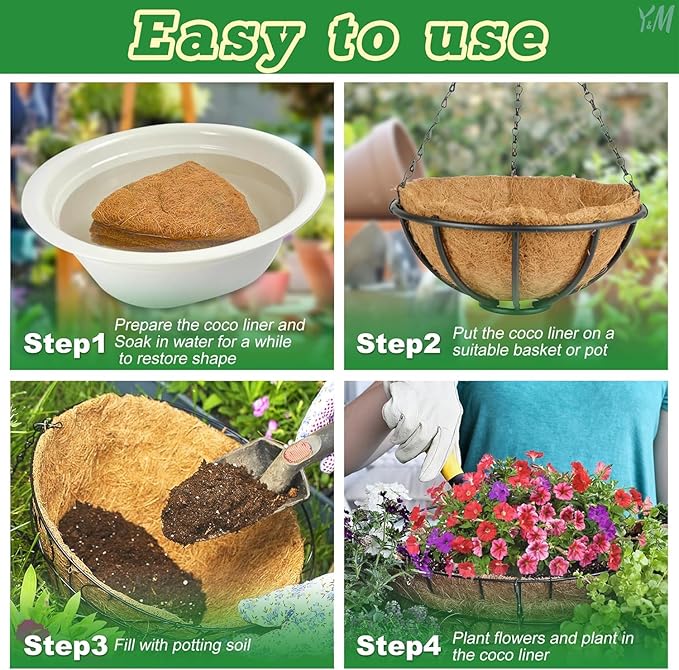 Y&M Pack of 2 12" Pre-Formed Round Coco Fiber Hanging Basket Liner,Coco Replacement Liner-2PCS