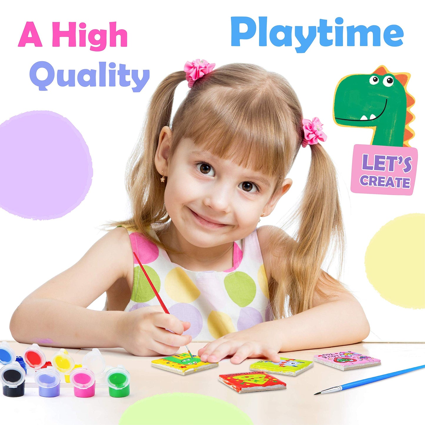 Magnetic Mini Tile Art - DIY Craft Kit; Design and Paint Magnet Tiles - Kids Paint Arts & Crafts Project; Includes 12 Tile Magnets, 8 Paint Colors, 2 Brushes and Marker; Fun Ceramic Tile Painting Kit