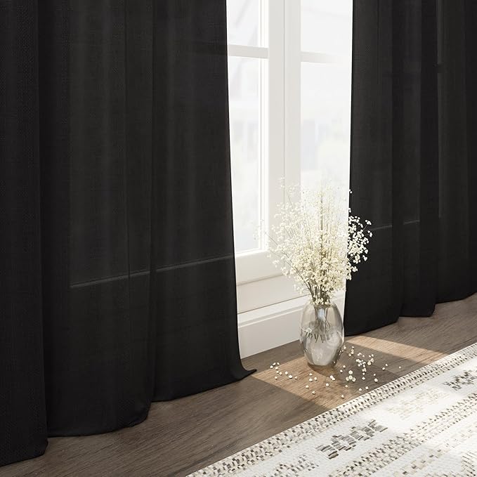 Vintage Black Linen Curtains 102 Inches Long for Living Room Light Filtering Semi Sheer Curtain Back Tab Floor to Ceiling High Window Gothic Vintage Decor Drapes for Bedroom Office 52x102,2 Panels