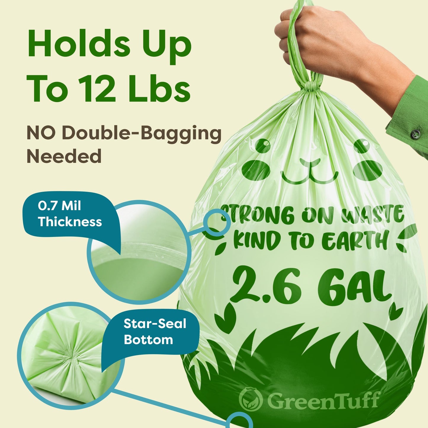 2.6 Gallon Compostable Trash Bags (100 Count) — Thick 0.7 Mil Small Compost Bin Liners — Leak-Resistant Plant-Based Food Scrap Bags for Countertop Kitchen Compost Pails — ASTM D6400 BPI Certified