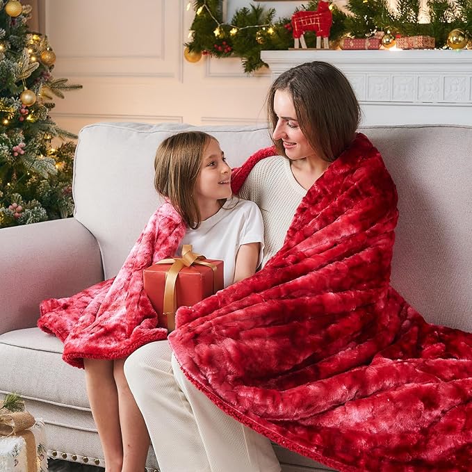 NEWCOSPLAY Super Soft Faux Fur Throw Blanket for Couch Tie-dye Red Sherpa Fuzzy Plush Warm Blanket for Sofa Bed (Tie-dye Red, Throw(50"x60"))