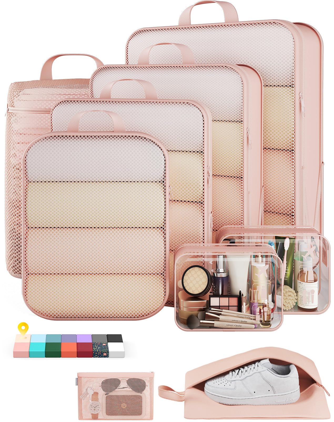 Veken 9/11 Set Compression Packing Cubes for Travel Essentials,Compressible Expandable Large Luggage Suitcase Organizer Bags for Clothing,Durable Space Saver Storage Bags with Toiletry Bags(Beige)