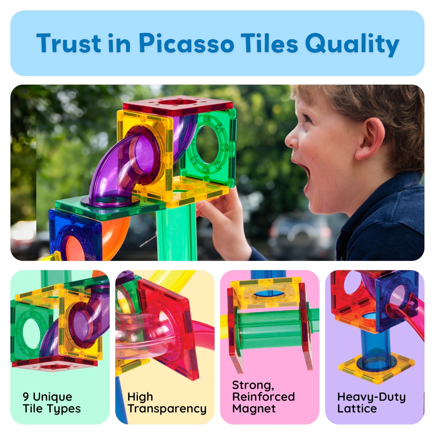 PicassoTiles 100pc Magnetic Marble Run Set with Racing Track Tiles Funnels Curved Slopes and Steel Balls for Kids STEM Construction Indoor Learning Toy that Promotes Focus and Problem Solving PTG100