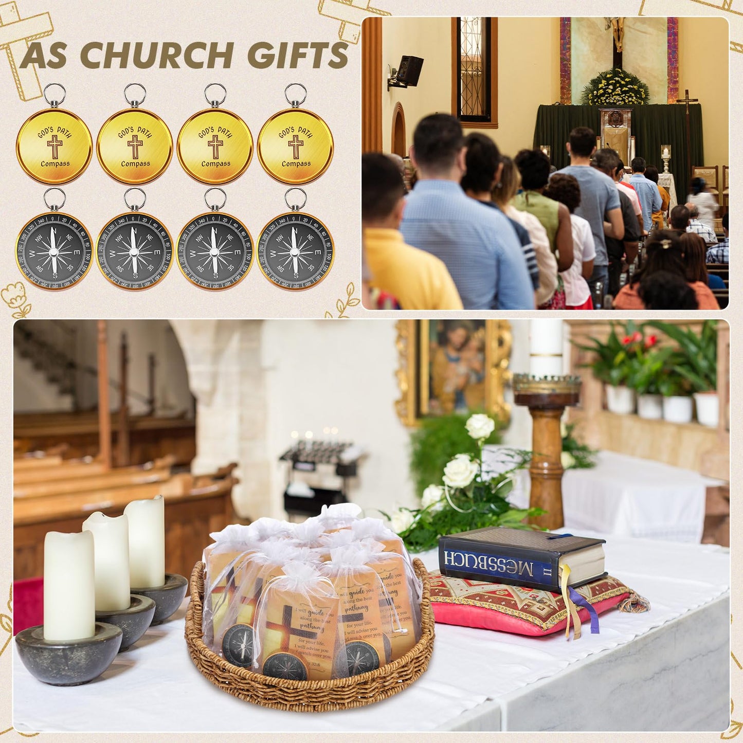 Relaxweex 24 Set Mini Christian Compass Christian Gift Set Compass with Cards and White Drawstring Organza Bag Bible Scripture Cards Religious Gifts for Men Graduation Gift Weddings