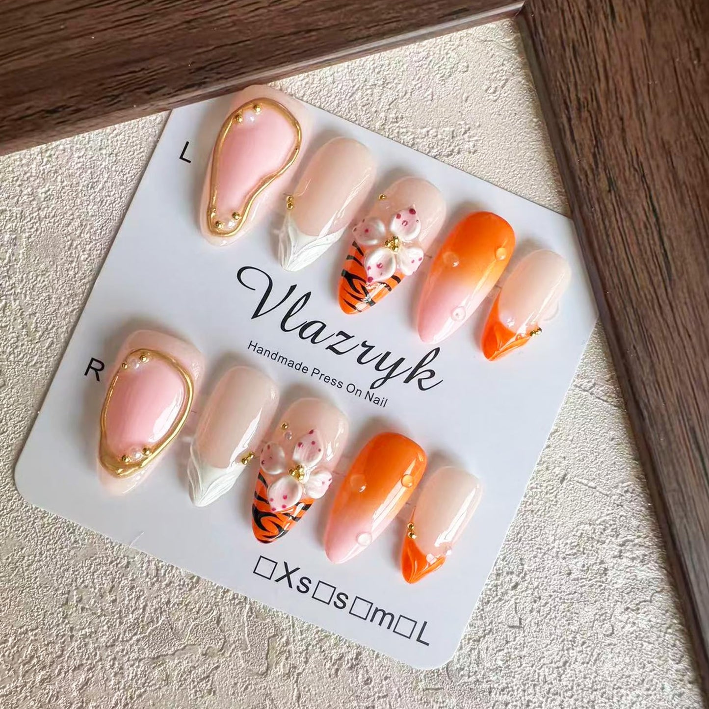 Luxury Medium Almond Press On Nails – French Tip with 3D Flowers, Pearls & Gold Design | Reusable Acrylic Gel Fake Nail | hand made nails S SIZE