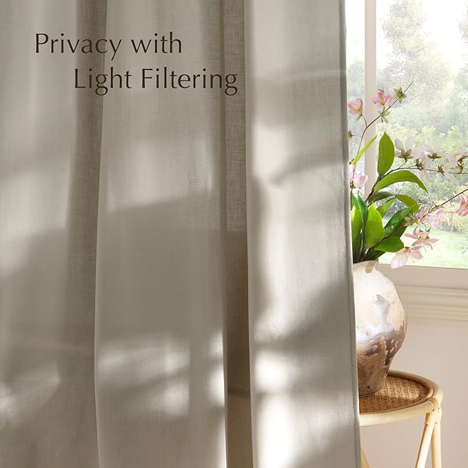 NICETOWN Cocoa Cream Linen Curtains for Living Room, Grommet Thick Flax Semi Sheer Window Treatments Privacy Assured with Light Filtering Drapes for Bedroom, W55 x L96, 2 Panels