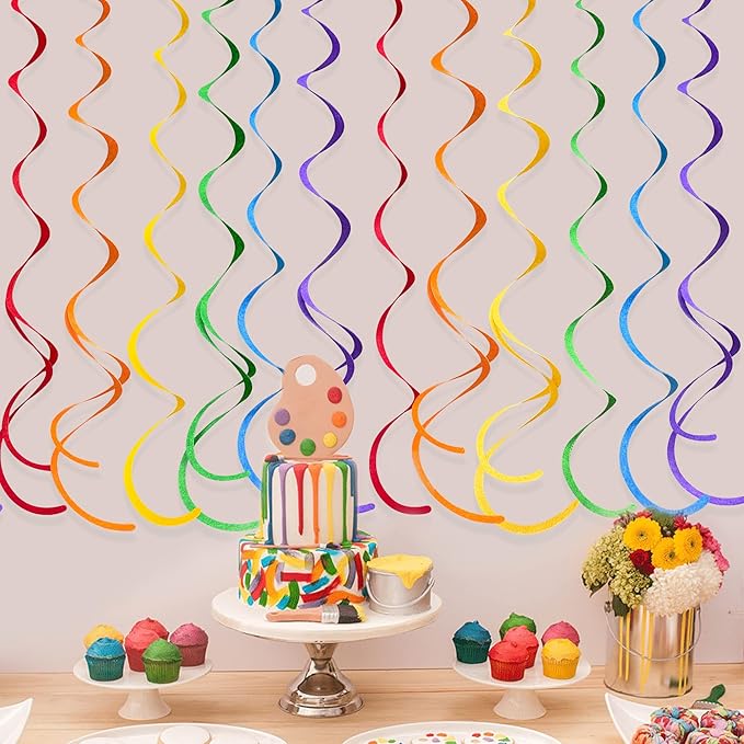 pinkblume 36Pcs Rainbow Hanging Swirl Decorations – Colorful Felt Spiral Ceiling Decor for Birthday & Party
