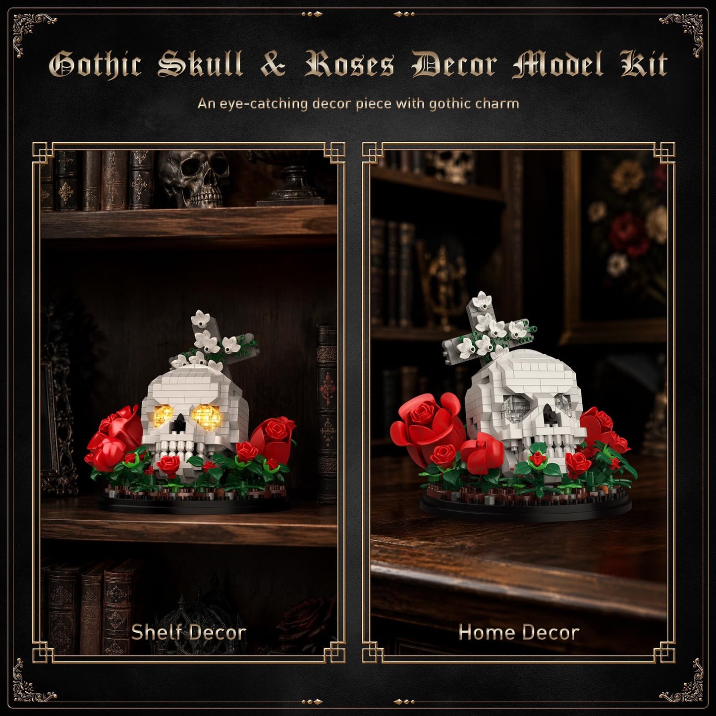 Vziimo Skull & Flowers Building Set, Gothic Skull Roses Micro Building Blocks Decor Model Kit with Cross, Horror Gifts for Adults, Teens Age 14+, Gothic Art Fans (582 PCS)