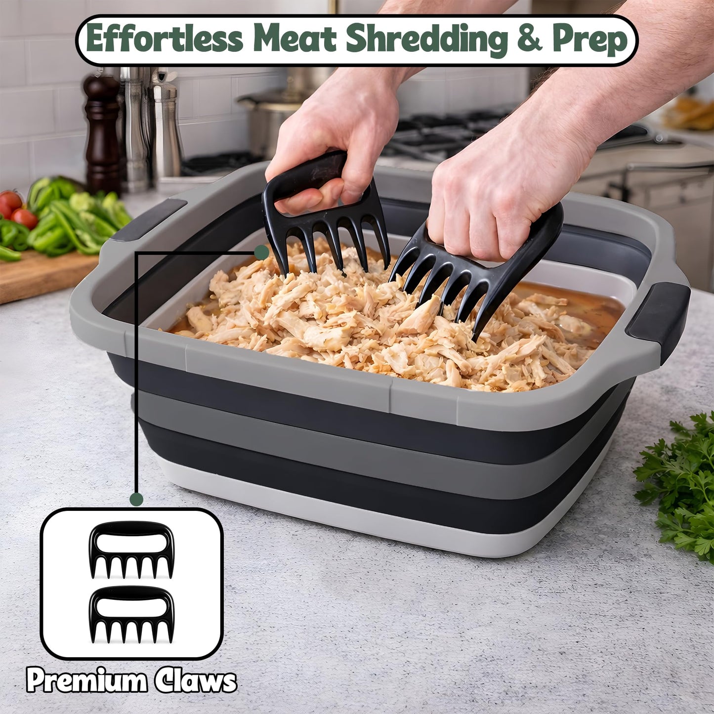 BBQ Prep Tub with 2 Pcs Meat Shredder Claws, Collapsible Cutting Board, Cutting Board with Locking Lids, Drip Easy BBQ Prep Tub with lid-XL Size (Black)
