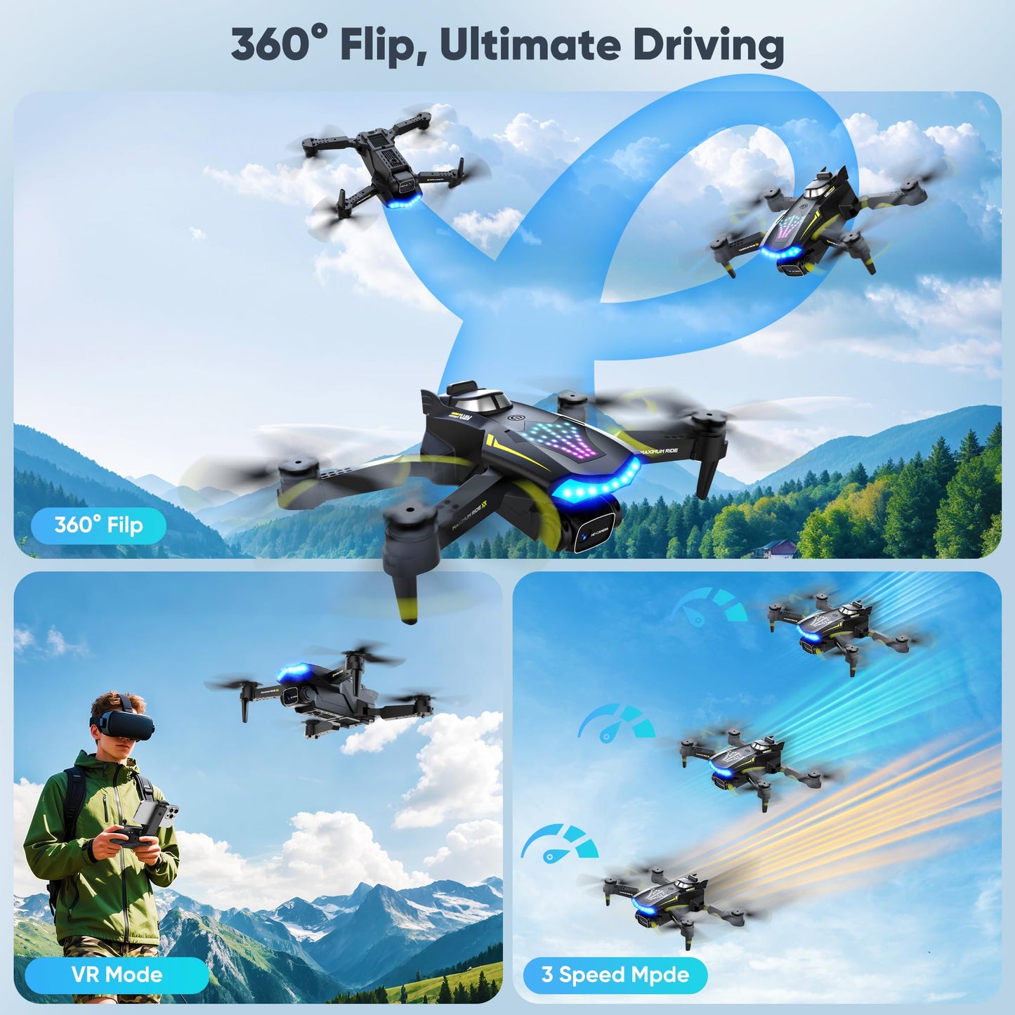Flymevac Drone with Camera, Dual 720HD, Drone for Kids with Cool Lights, Gestures Control, Vertical Shooting, Waypoint Flight, Gravity Control, 3D Flip, 3-Speeds, Drones for Adults, Beginners, Kids