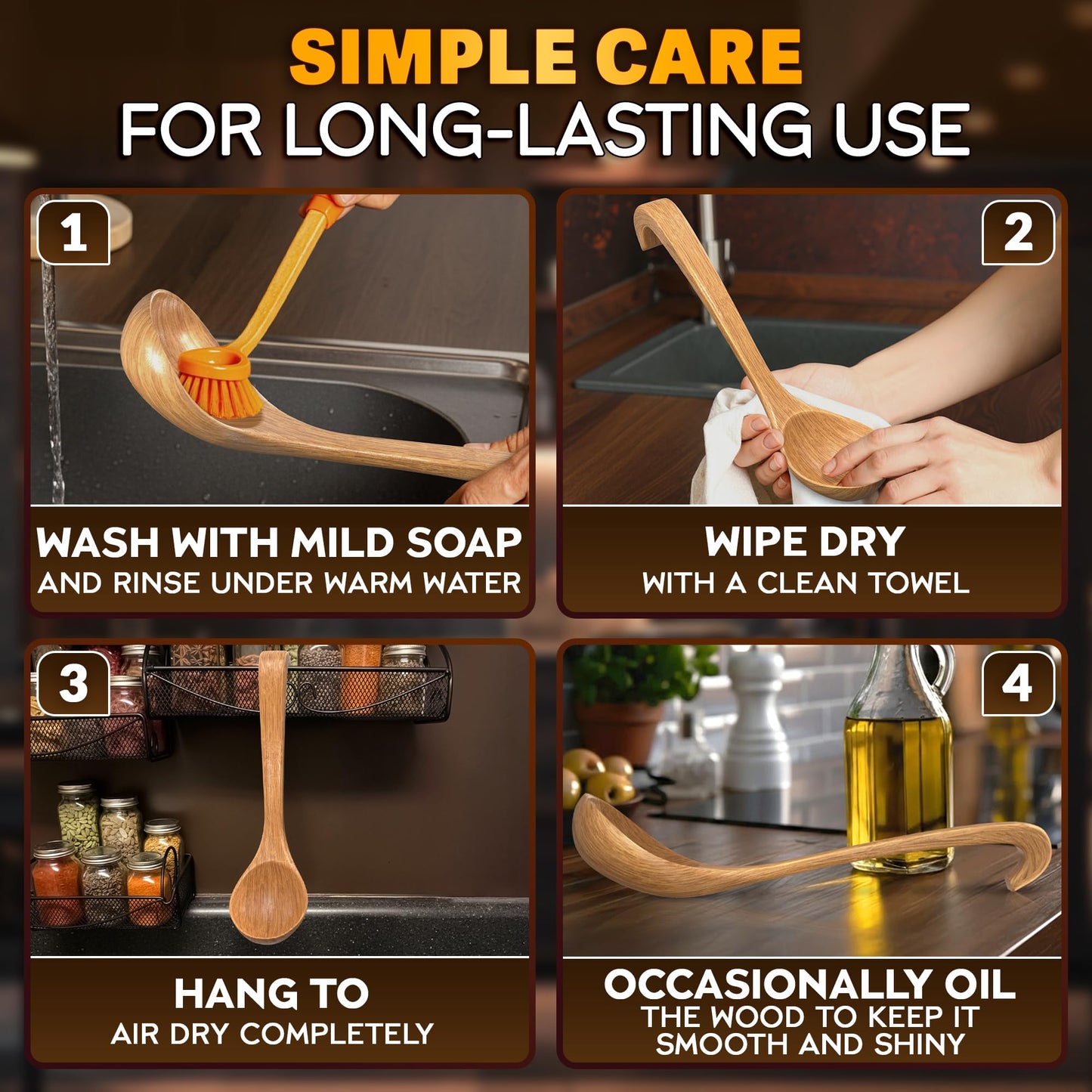 2 Pcs Wooden Ladle for Soup – 10.8×2.8" Bamboo Soup Ladle for Stews and Sauces with Deep 2.7 fl oz Capacity & Lacquer-Coated Finish – Wooden Cooking Spoons with Hook Handles for Kitchen & Catering