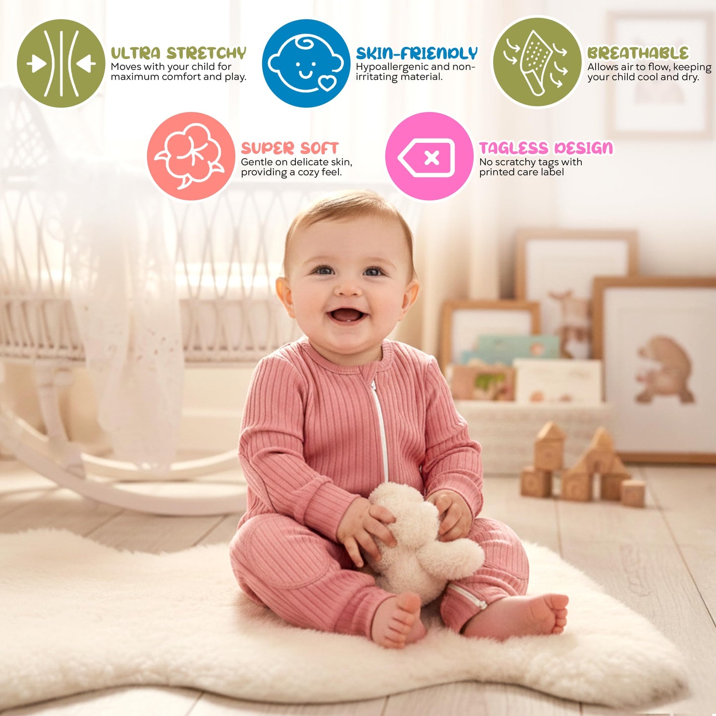 NurtureNauts® Crawling Baby Romper with Built-in Knee & Elbow Pads - 100% Cotton, 2-Way Zipper, Tagless for Active Babies (Pastel Blue, 18-24 Months)
