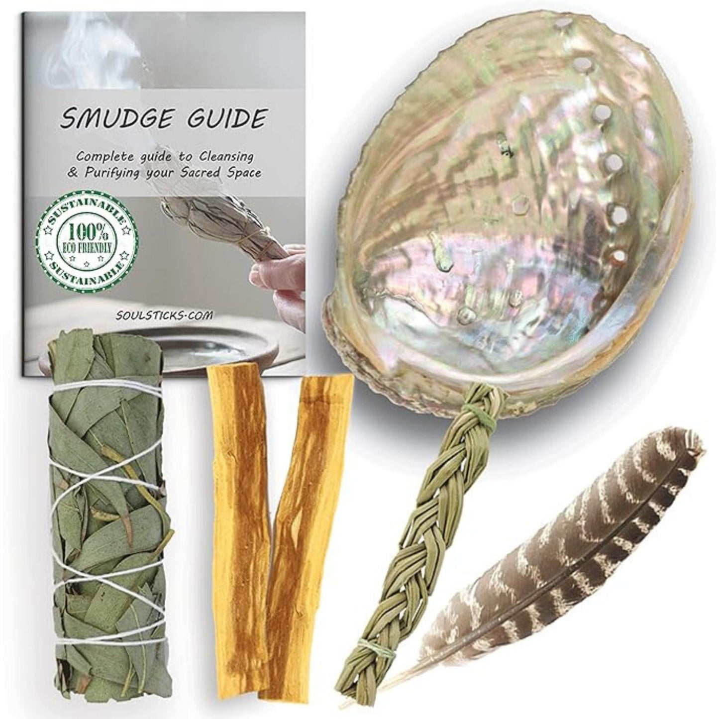 Ancient VEDA Healer's Kit: Complete Sage Smudge Kit Bundle w/Abalone Shell, Palo Santo, Sweetgrass, Turkey Feather & Guidebook – Spiritual and Energy Cleansing, Ritual Supplies, Smudging Essentials