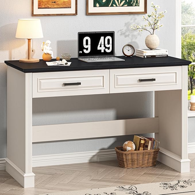 Farmhouse Executive Desk 48 Inch Computer Desk with 2 Drawers Simple Home Office Writing Desk Workstation for Bedroom Study Small Spaces, White and Black