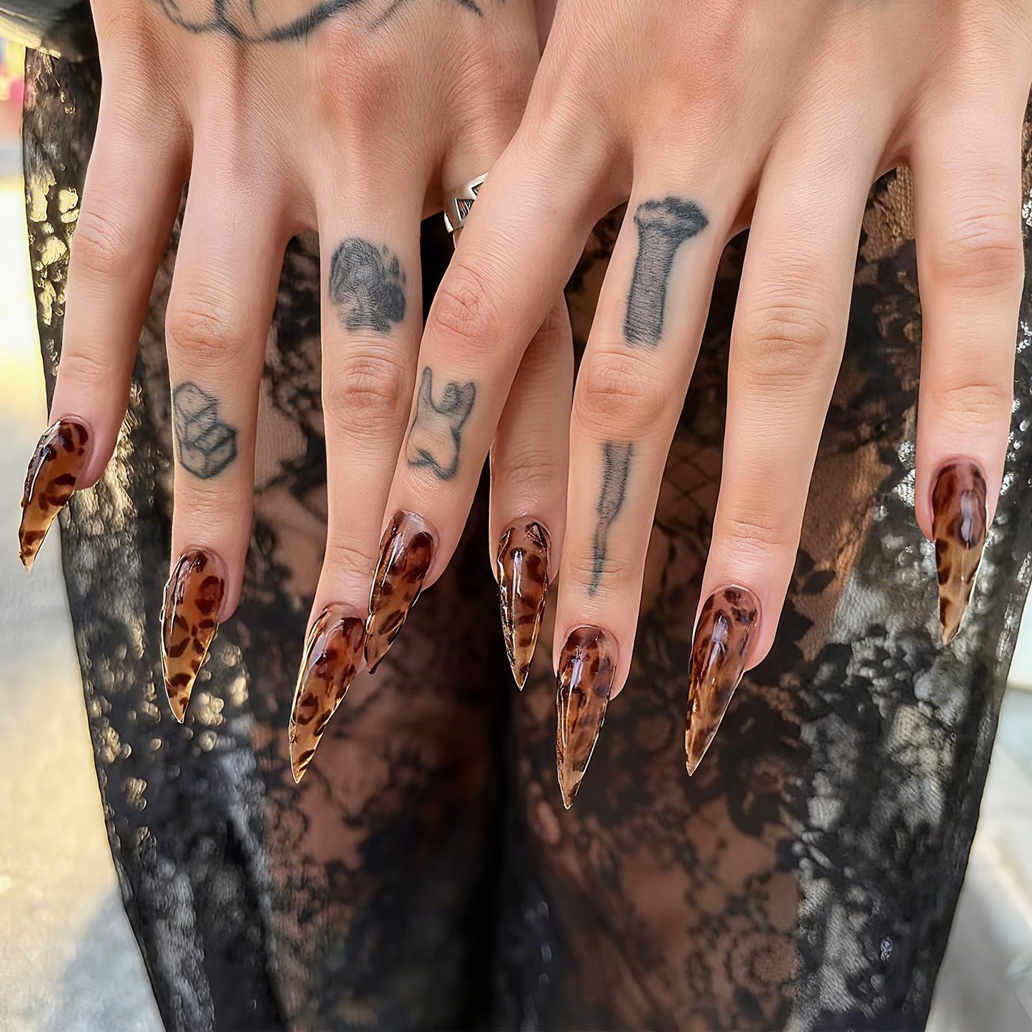 Handmade Press on Nails Medium Stiletto Brown Fake Nails Unique Eagle Claw Thick Acrylic Nails False Nails with Leopard Print Cat Claw Designs Fall Glossy Glue on Nail Curved Sturdy Nail Art 10Pcs(M)