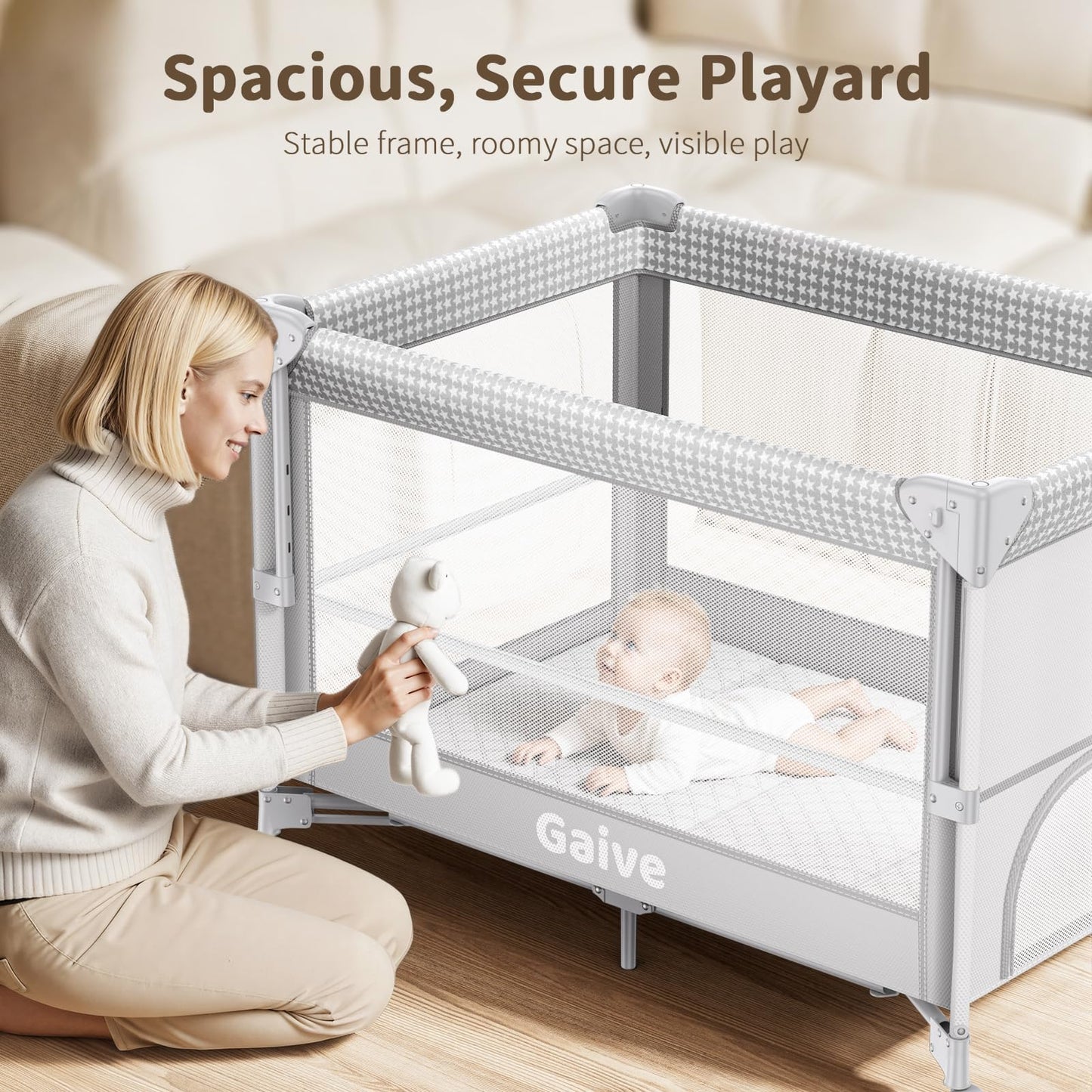 GAIVE 4 in 1 Baby Bassinet, One-Push Setup Pack and Play, Bedside Crib Sleeper with 3 Height Adjustable，Diaper Changer, Come with Comfy Mattress, Rotating Toy Bar, from Infants to Toddlers (Grey)