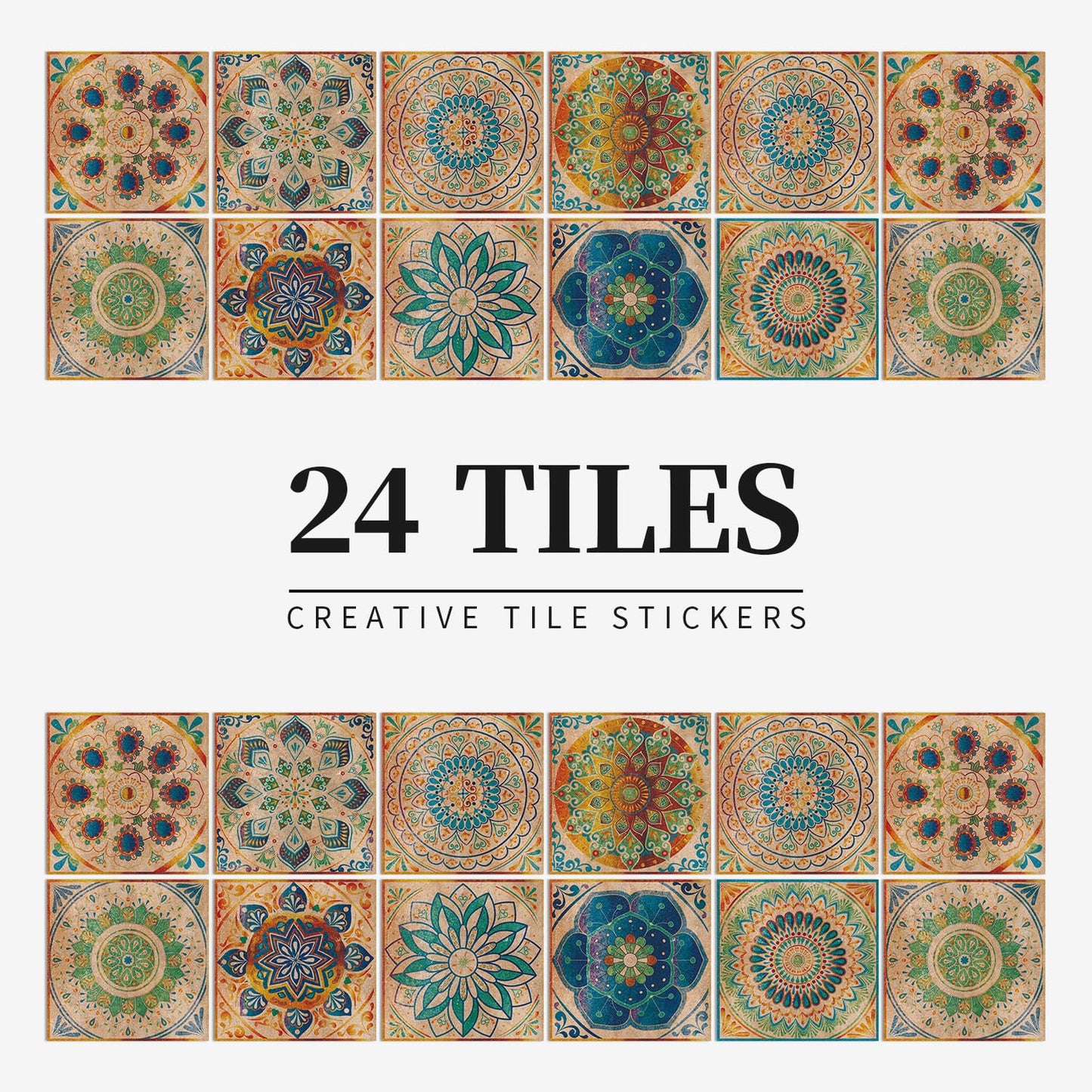 24 Pcs Mandala Style Tile Stickers, Peel and Stick Backsplash Tile Decals for Kitchen Bathroom Wall Furniture (Yellow, 6x6in)