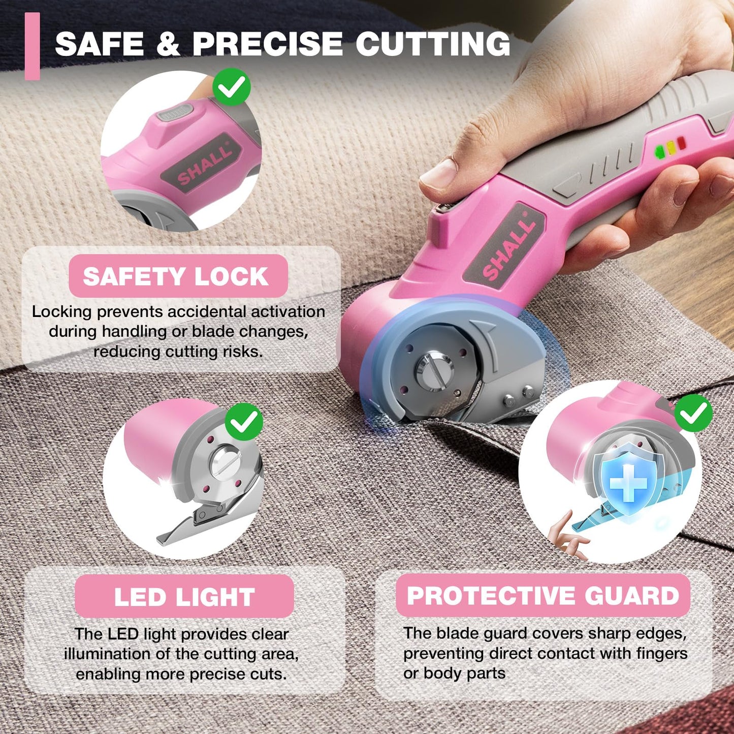 SHALL 4V Cordless Electric Scissors, Rechargeable Cardboard Cutter, Rotary Electric Box Cutter w/Safety Lock, LED Light & Replacement Blade for Fabric, Leather, Carpet, Cardboard & Plastic, Pink/Grey