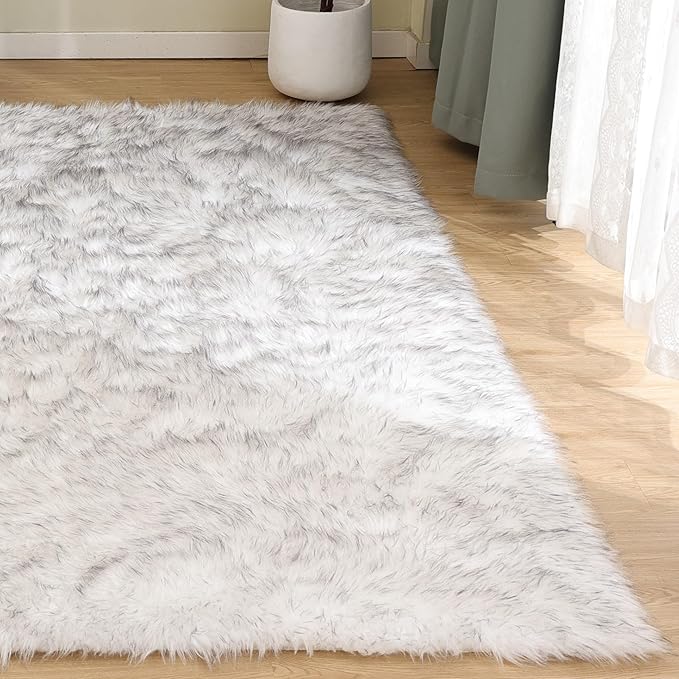 Goolela Sheepskin Area Rug 9x12 Fluffy Fuzzy Furry Rug for Living Room Bedroom Faux Fur Shaggy Plush Rectangle - White with Grey Tips