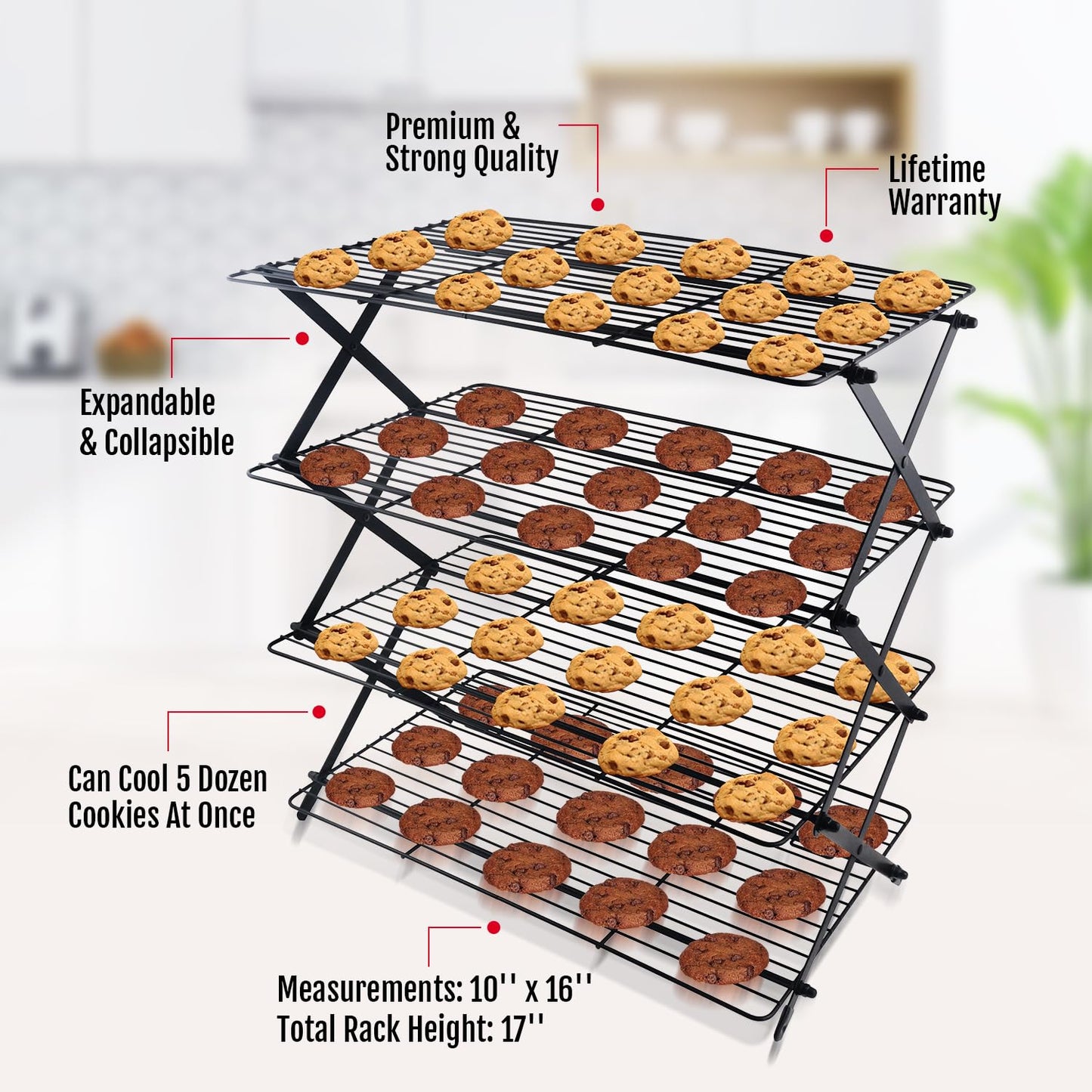 4-Tier Collapsible Cooling Rack For Baking - Expandable & Foldable Cookie Cooling Wire Rack - Baking Rack - Foldable Cooling Rack For Baking Supplies - Premium Quality & Sturdy Legs