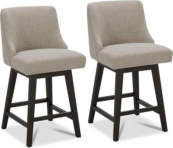 CHITA Counter Height Swivel Bar Stools Set of 2, FSC Certified Upholstered Counter Stools, Modern Swivel Barstools with Wood Legs for Kitchen Island, 26" Seat Height, Fabric in Tan