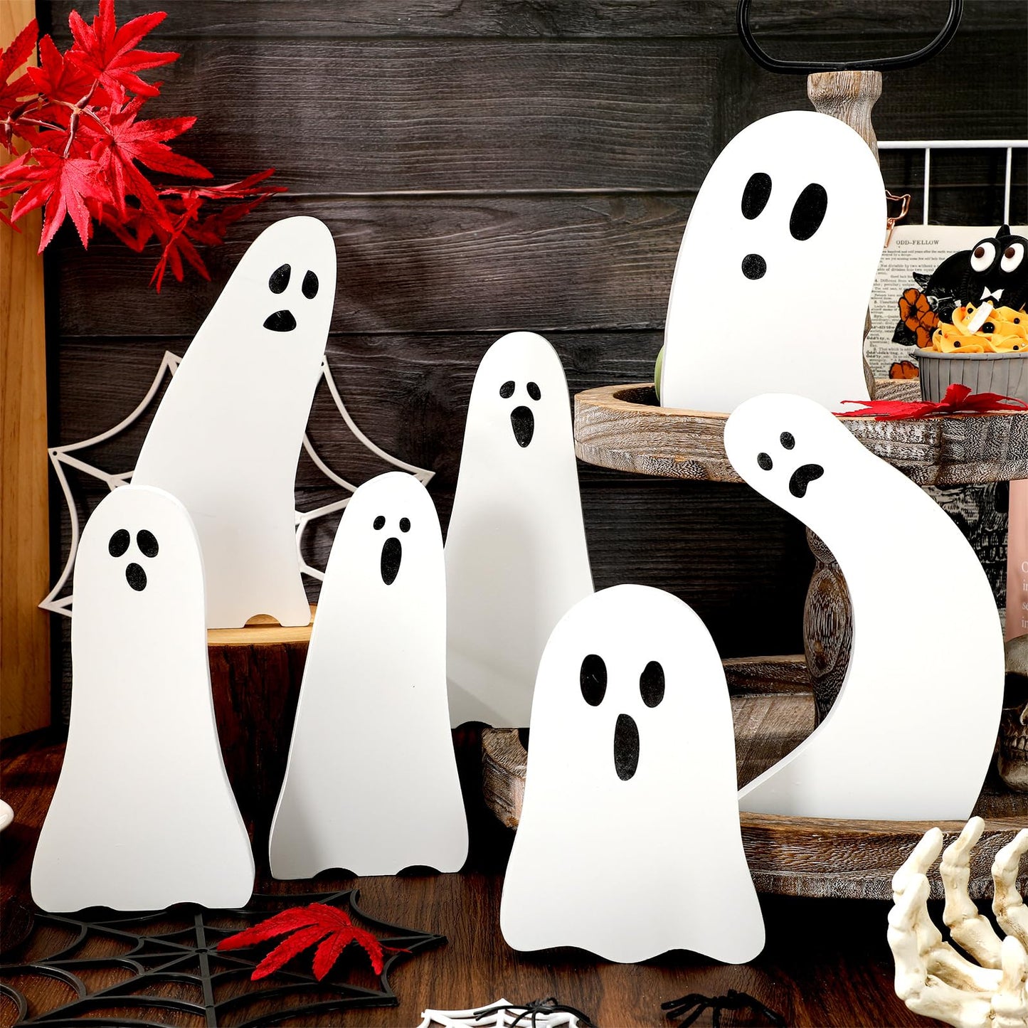 Whaline 7Pcs Halloween Wooden Table Signs Cute Ghost Shape Wooden Cutouts Rustic Tiered Tray Decor for Home Office School Desk Tabletop Decoration
