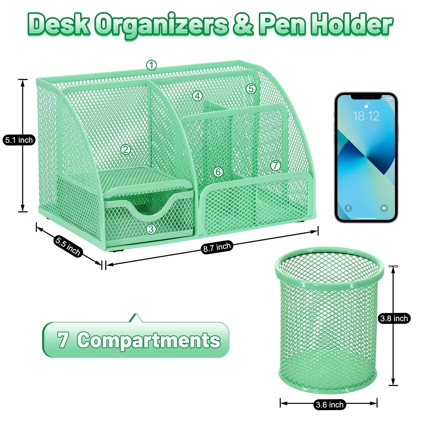 13-in-1 Office Desk Organizer Set with Stapler and Tape Dispenser, Pen Holder, Scissors, Ruler, Hole Punch, 2 Pens & More Desktop Accessories for Back to School Supplies (Green)