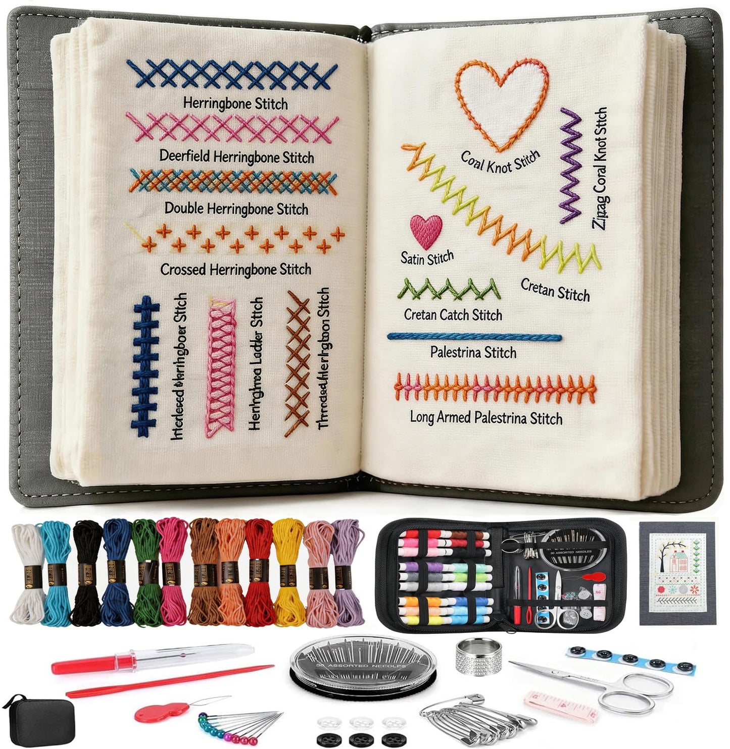 ZFBDMC Embroidery Stitch Book, 2026 Upgraded Portable DIY Embroidery Kit for Beginners with Linen, 99-Piece Complete Needle & Thread Set, Step-by-Step Video Instructions, Craft Gift for Adults
