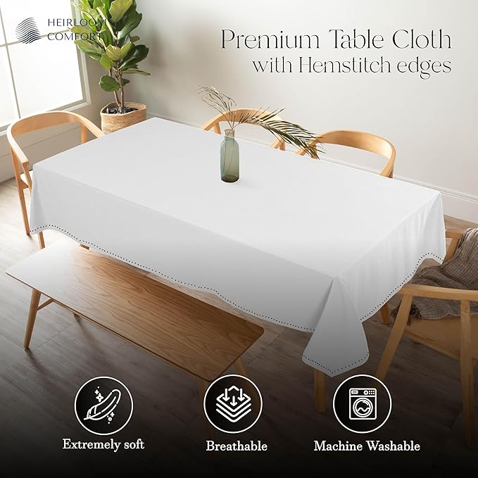 White Tabletop Tablecloth, 60x102 Inch, 100% Cotton, Fits 8-10 Seats, Washable, Soft, Durable, Wrinkle Resistant, Rectangle Table Cover for Dining, Weddings, Holiday Celebrations