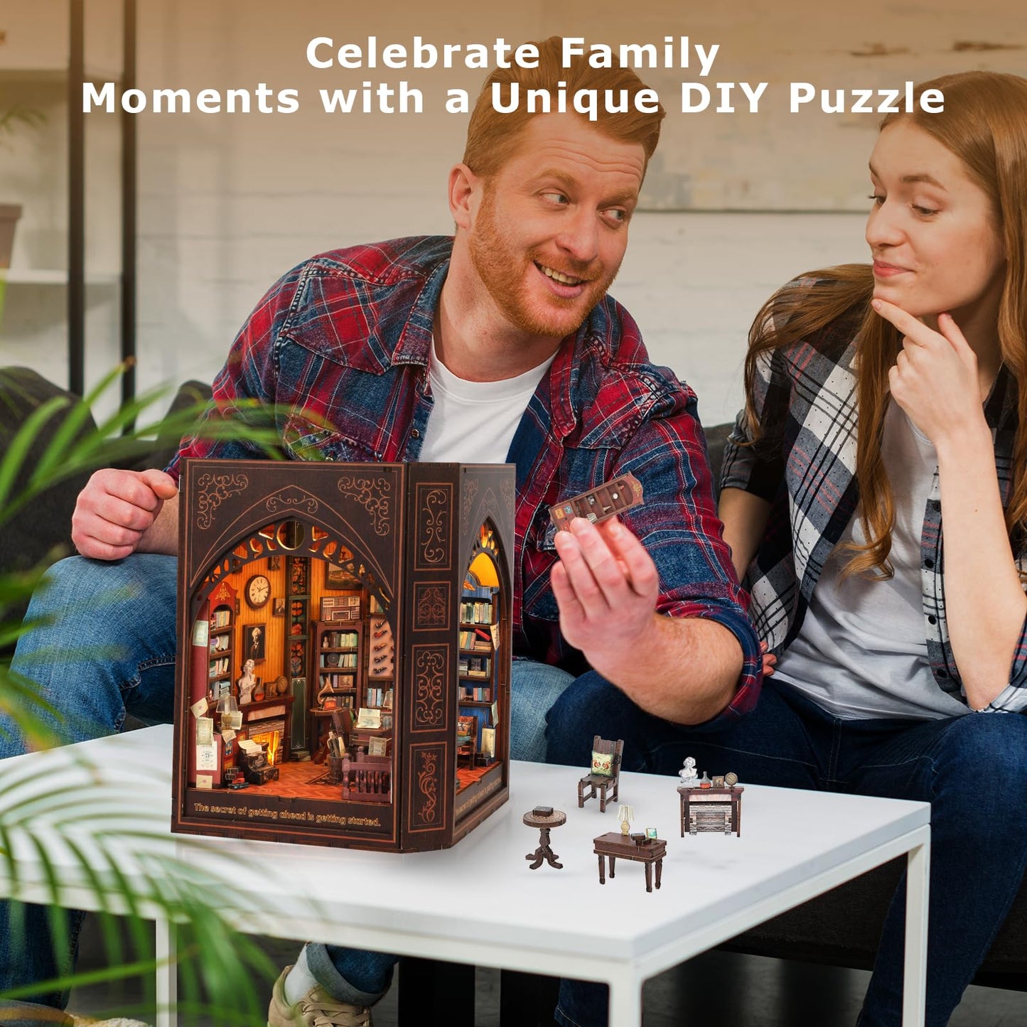 Book Nook Kit for Adults and Teens – DIY 3D Wooden Dollhouse Puzzle with LED Light, Mark Twain’s Library Miniature House Bookshelf Insert Decor
